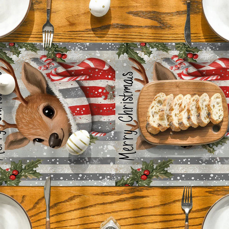 Axyaa Christmas Deer Socks & Holly Berries Table Runner - Home & Wedding Centerpieces