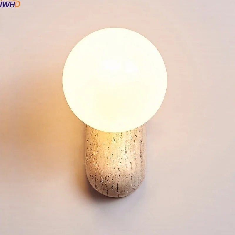 Axyaa White Glass Ball LED Wall Light Yellow Travertine Stone Luxury Decor