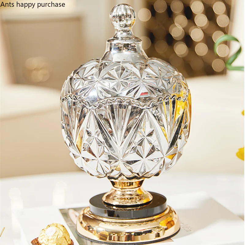 Axya Crystal Candy Jar with Gold Base Lid, Transparent Decorative Storage Jar