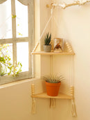 Axyaa Boho Wood Corner Shelf Display Stand Handmade Macrame Floating Shelves