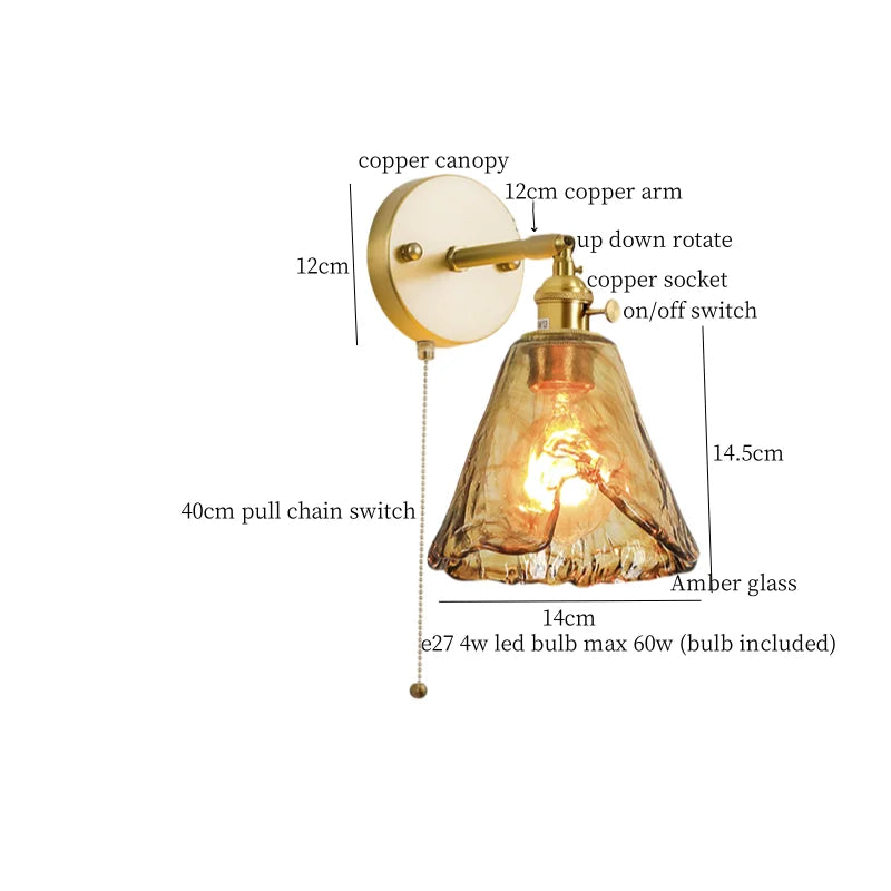 Axyaa Glass LED Wall Sconce Light Pull Chain Copper Applique Murale