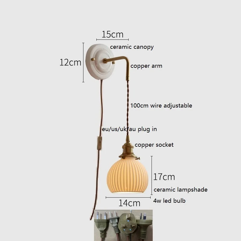 Axyaa Ceramic LED Wall Sconce with Adjustable Copper Arm for Bedroom, Bathroom, Mirror