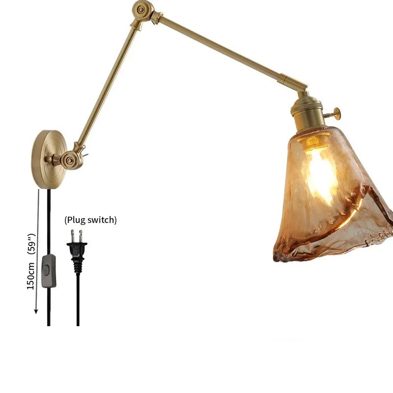 Axyaa Smoke Glass Ball LED Wall Sconce Copper Arm Switch Modern Luminaria