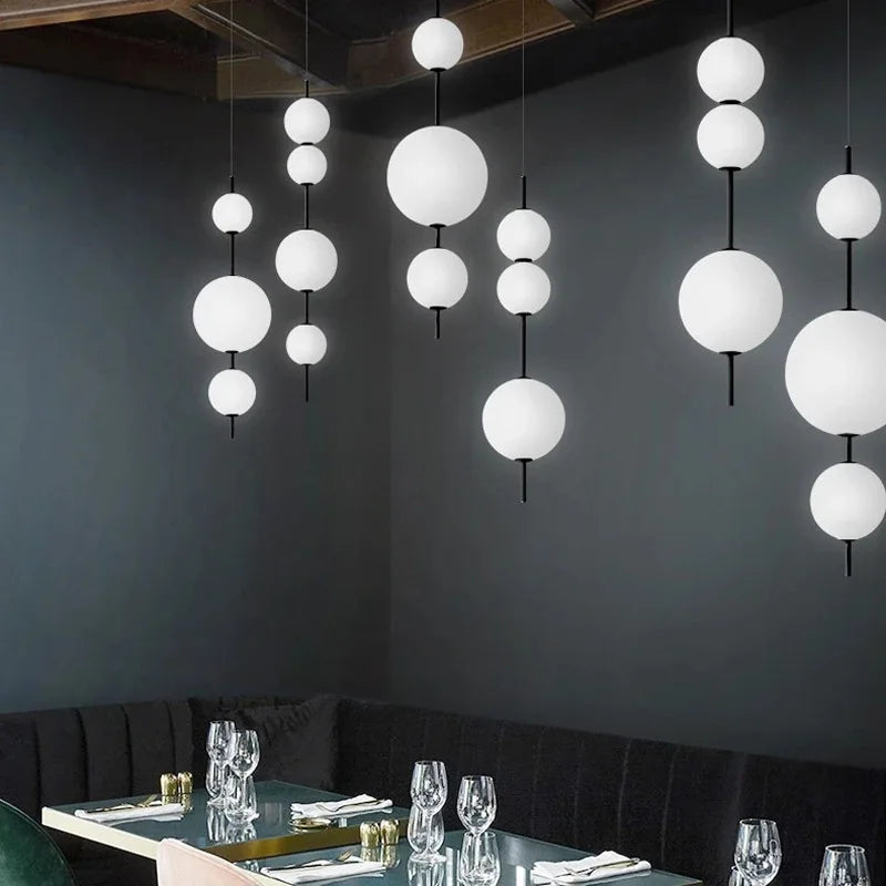 Axyaa White Glass Beads LED Pendant Chandelier - Round Ball Hanging Fixture