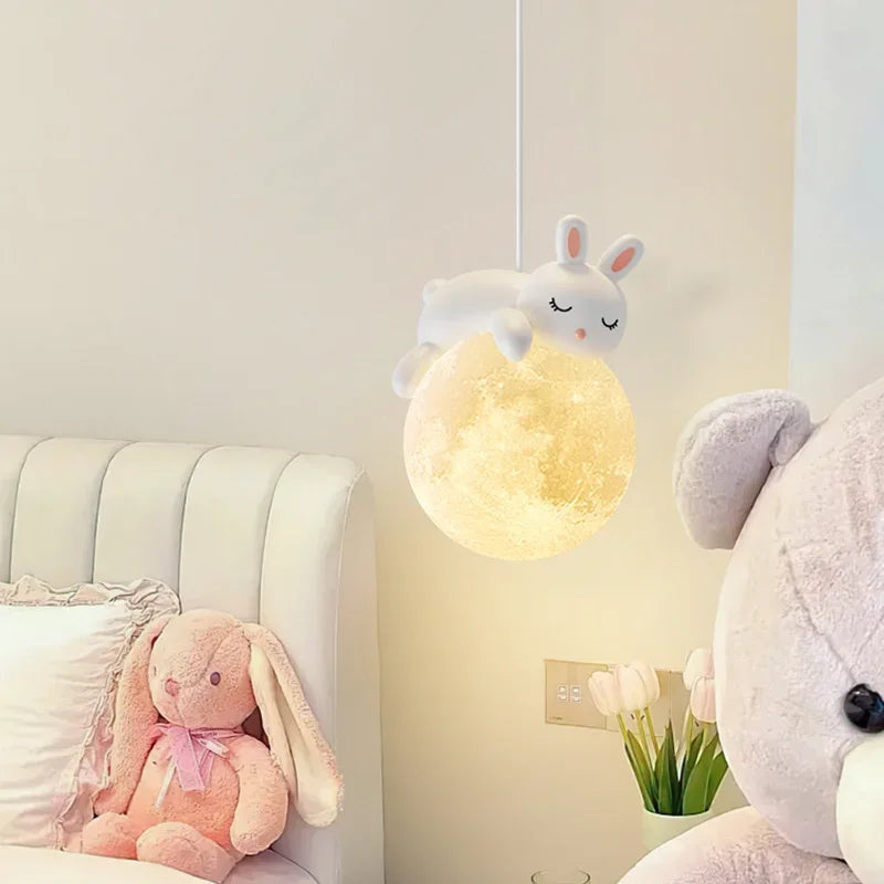 Axyaa White Bear Bunny Pendant Light for Kids Room Decor