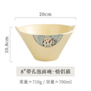 Axyaa Ceramic Ramen Bowl with Holes and Bamboo Hat, Large Speaker Cat Design