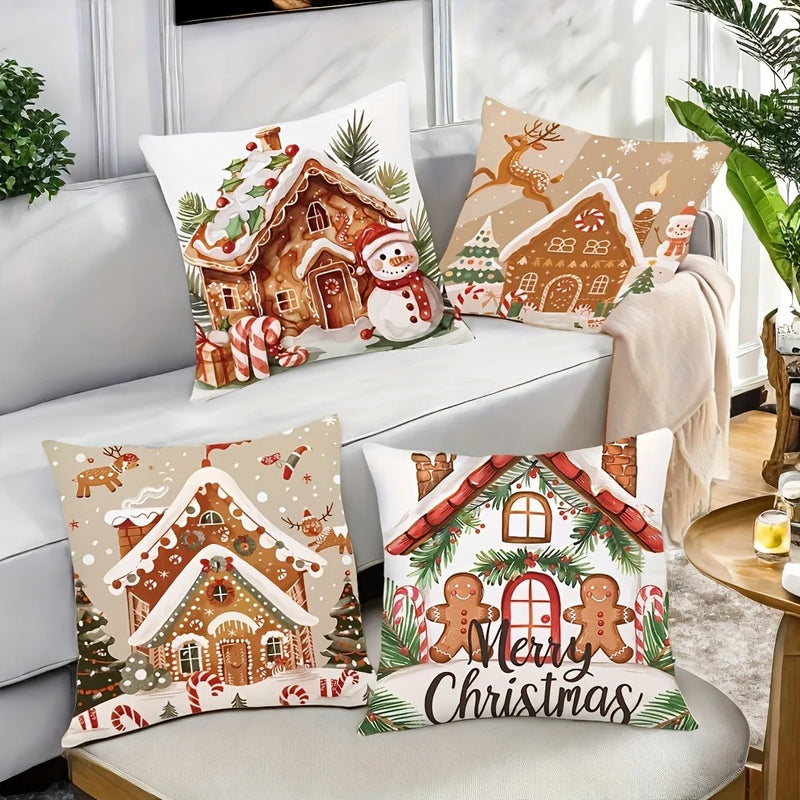Axyaa Christmas Gingerbread Hut Pillowcase - Festive Sofa Cushion for Holiday Home Decor