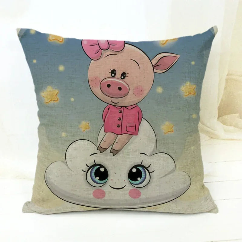 Axyaa Cartoon Animal Print Linen Cushion Cover 45*45cm