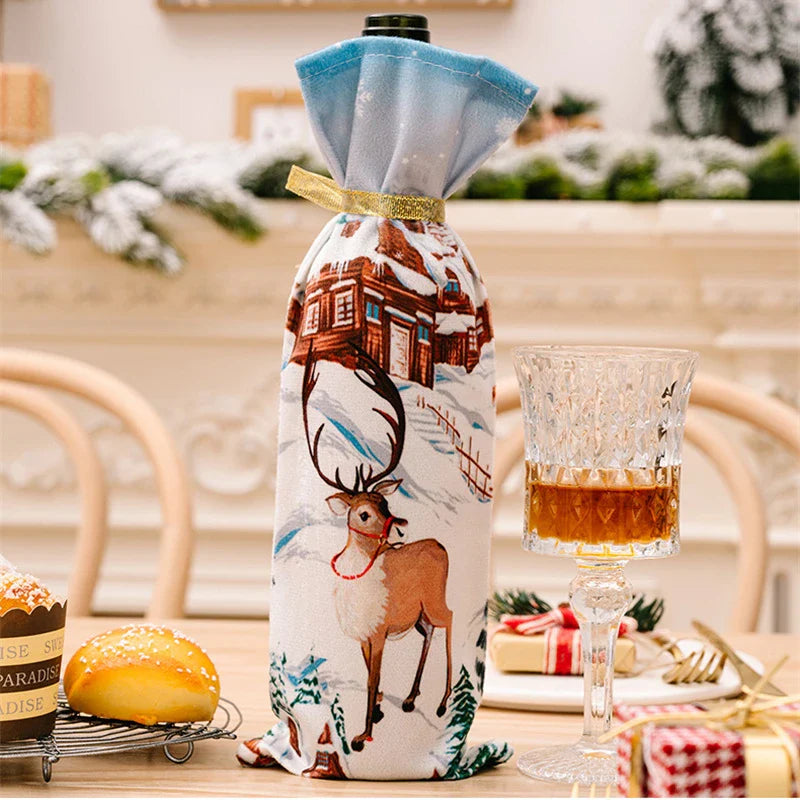 Axyaa Christmas Wine Bottle Cover - Santa Claus Snowman Elk Print - Xmas Table Decor