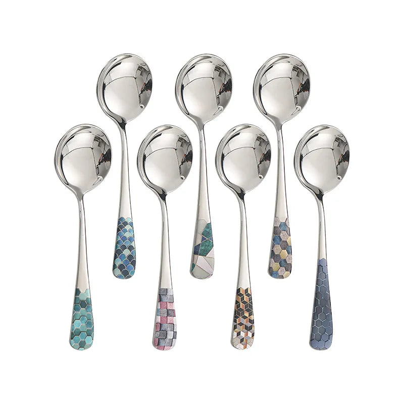 Axya Stainless Steel Colorful Korean Soup & Rice Spoon Set, Large Round Design