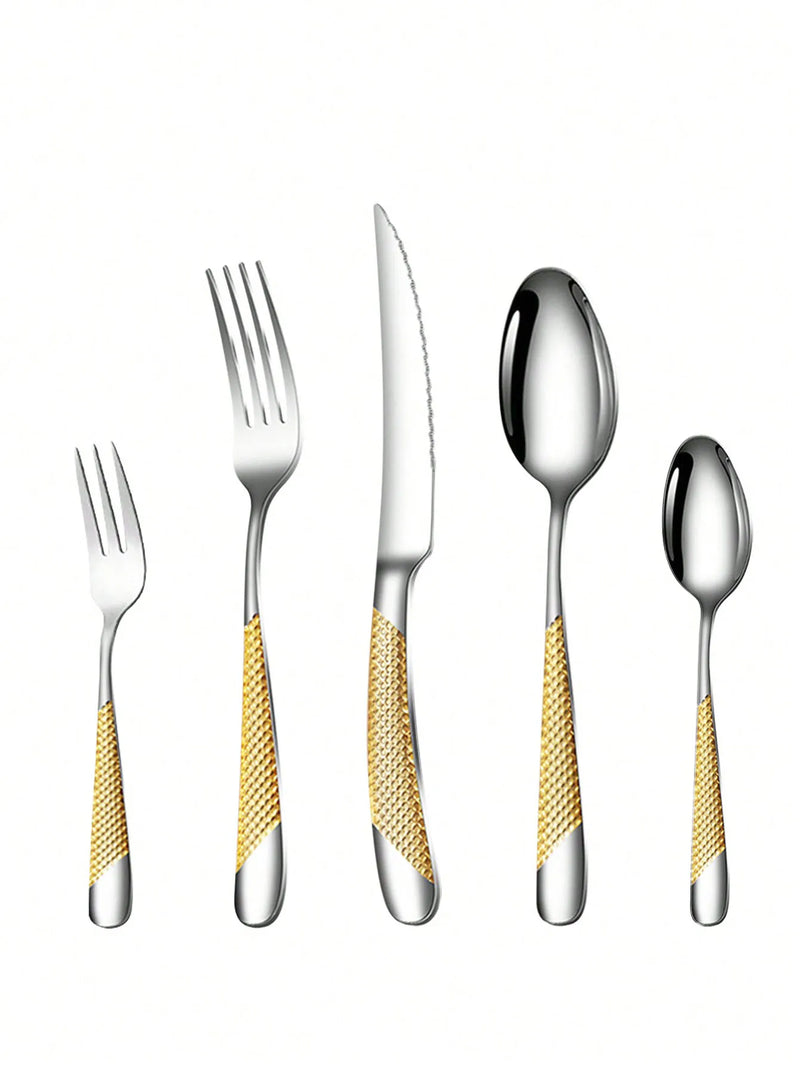 Axyaa Stainless Steel Star Drill Cutlery Set - 30pc Knife, Fork & Spoon Dining Set