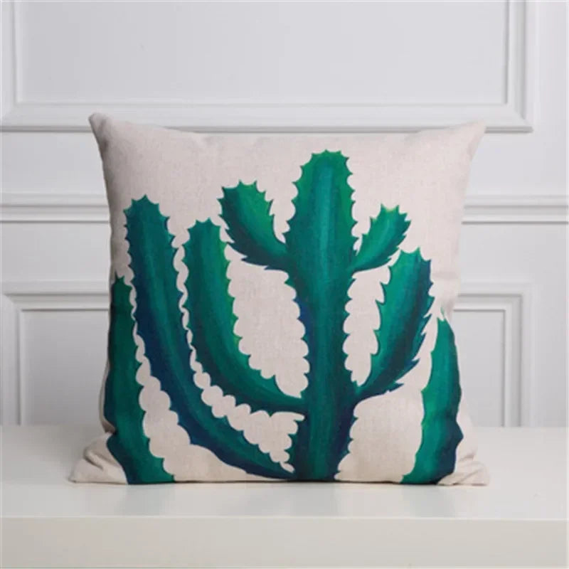 Axyaa Cactus Linen Cushion Cover 45x45cm for Home Decor - Green Plant Pillow Cover