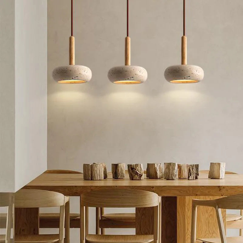 Axyaa Yellow Travertine Pendant Chandelier: Natural Stone & Wood Nordic Hanging Lights