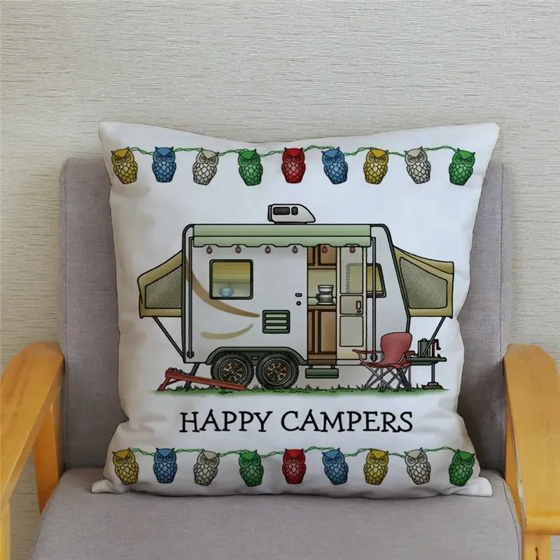 Happy Campers Owl Motorhome Print Pillow Case by Axyaa