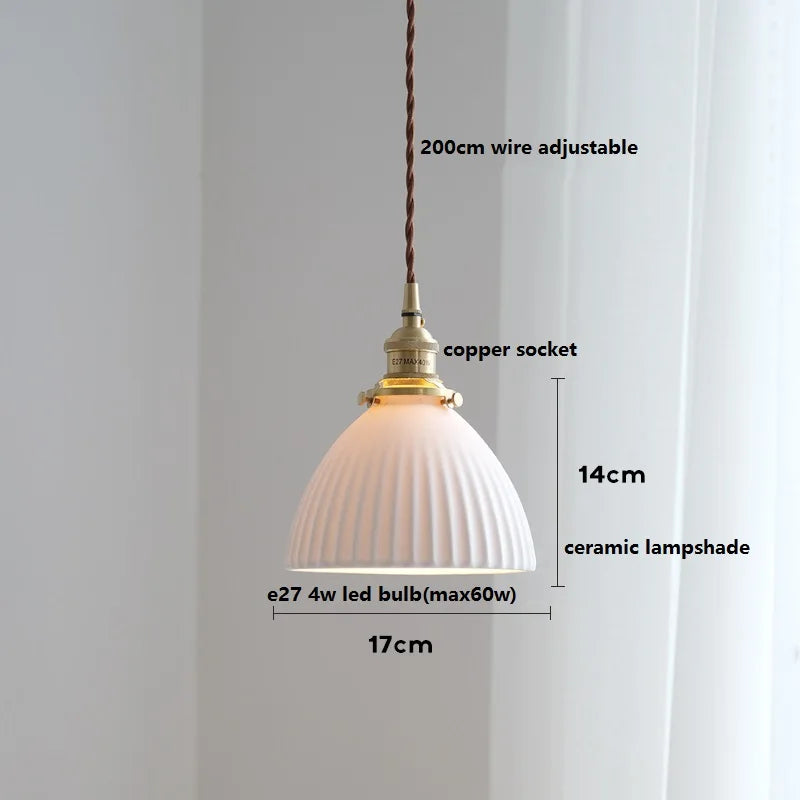 Axyaa White Ceramic LED Pendant Light with Wood Handle - Bedroom Living Room Lamp