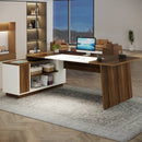 Axyaa Mid-Century Modern L-Shaped Executive Desk with Cabinet and Shelves