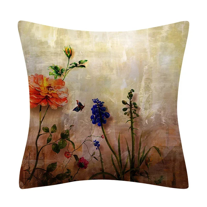 Retro Floral Linen Pillow Cover Abstract Art Decor for Living Room Sofa by Axyaa