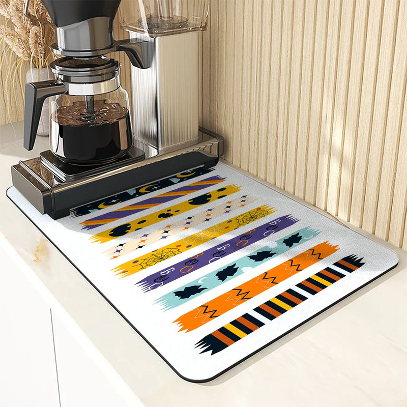 Axyaa Halloween Pumpkin Skull Drying Mat: Non-Slip Absorbent Tableware Mat for Kitchen Counter