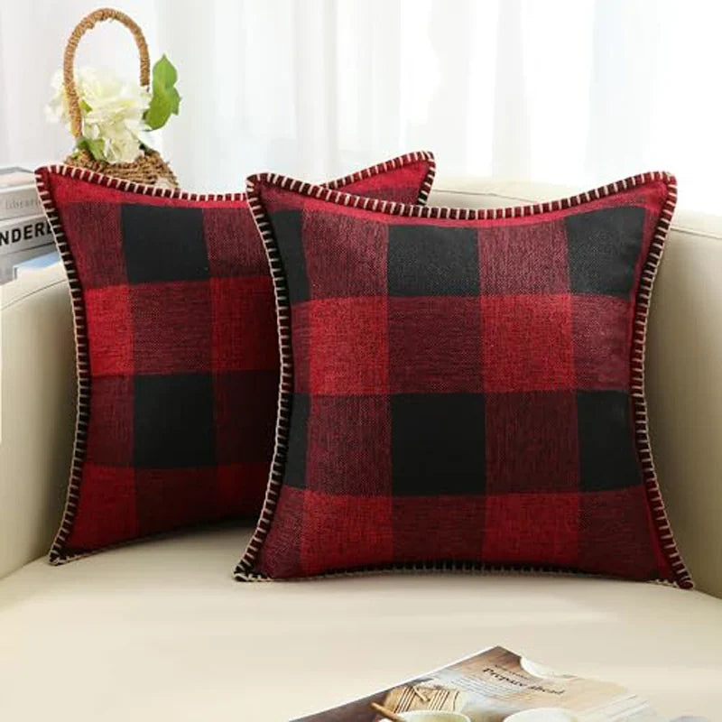 Axyaa Plaid Throw Pillow Covers 16x16in Set of 2 - Luxury Soft Home Decor Cushion Cases