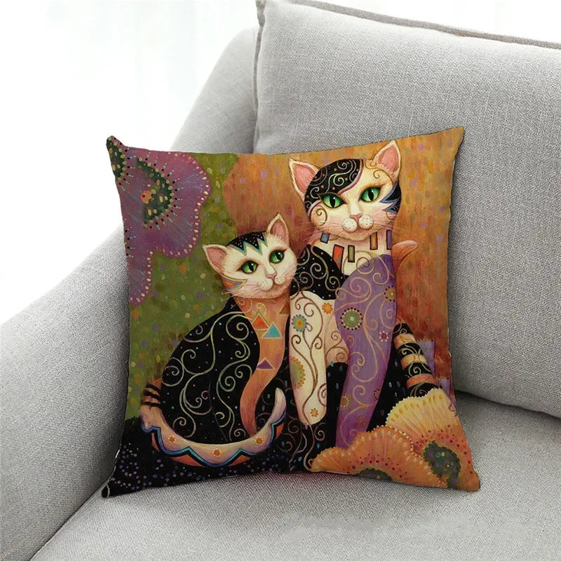 Axyaa Cat Print Linen Pillowcase 45x45cm Home Decor Cushion Cover