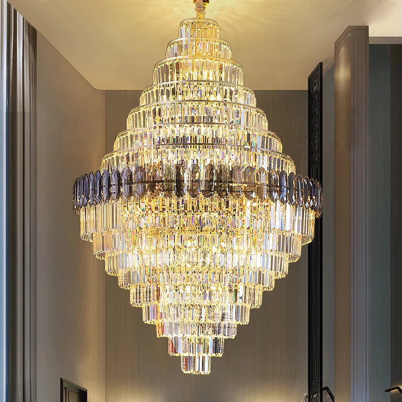 Axyaa Crystal Rotating Staircase Chandelier for Luxe Duplex Living Room