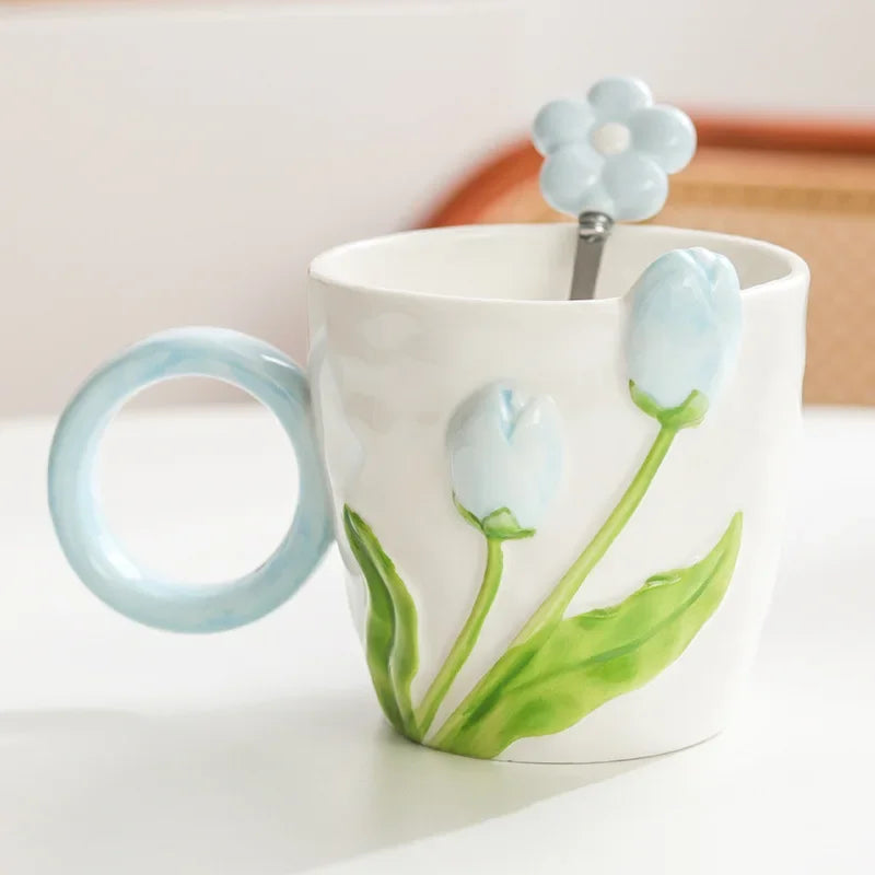 Axyaa Tulip Flower Ceramic Mug: 3D Design, Creative Relief, Ins Style, Coffee Cup