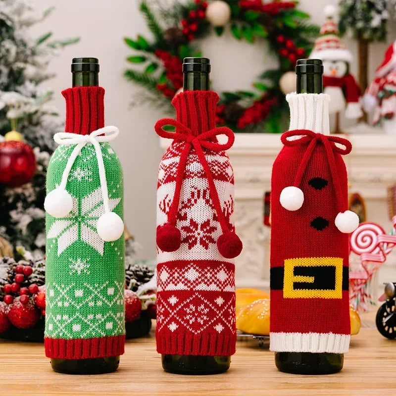 Knitted Snowflake Elk Christmas Wine Bottle Cover by Axyaa