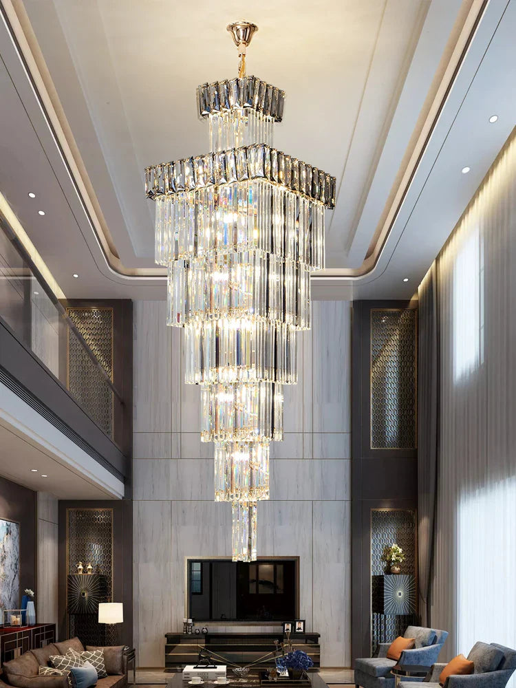 Axyaa Crystal Chandelier: Villa Luxury LED Spiral Staircase Pendant Light