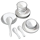 Axya Ceramic Dinnerware Set: Plates, Tray, Bowls - White with Black Edge