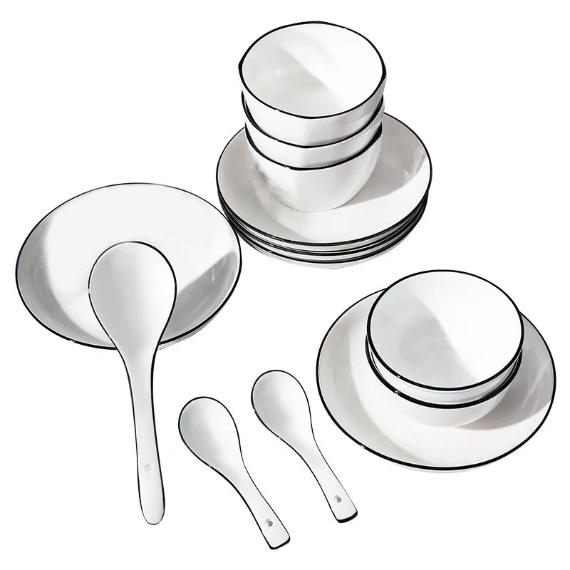 Axya Ceramic Dinnerware Set: Plates, Tray, Bowls - White with Black Edge