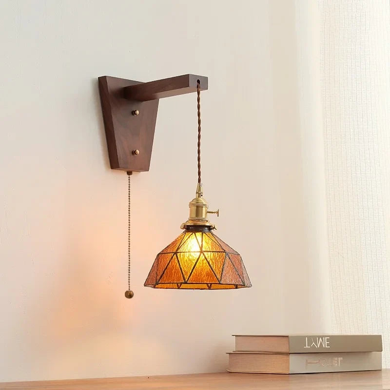 Axyaa Walnut Glass Pull Chain LED Wall Light Fixture for Home Decor