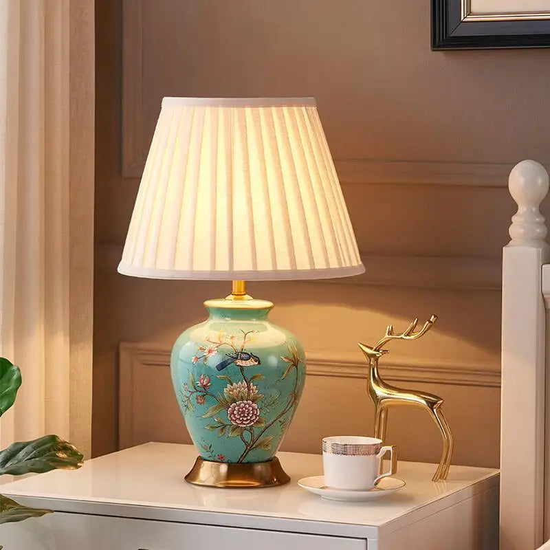 Axyaa Retro Ceramic Table Lamp with Remote Control for Bedroom and Living Room