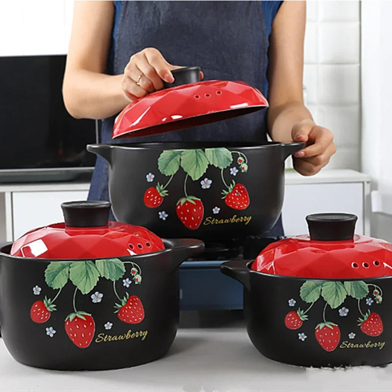 Axya Ceramic Strawberry Casserole Soup Pot - Red Round Kitchenware