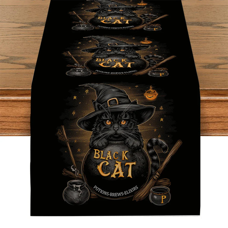 Axyaa Black Cat Broom Jar Hat Table Runner Halloween Decor