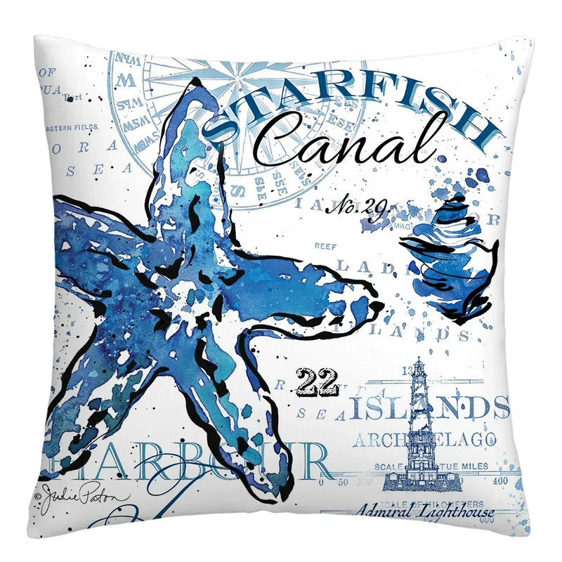 Axyaa Blue Marine Organism Pattern Polyester Cushion Cover for Home Sofa