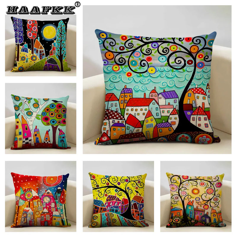 Axyaa Scenic Illustration Cushion Cover 45x45cm for Home Art Decoration