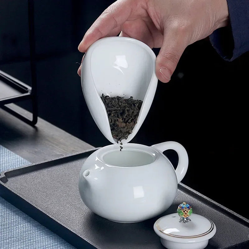Axyaa White Ceramic Coffee Bean Tea Set with Trays, Spoon, and Separator