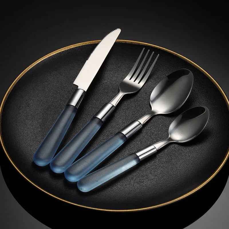 Axyaa Stainless Steel Cutlery Set with Plastic Handle - Western Tableware Steak Knife Fork Teaspoon