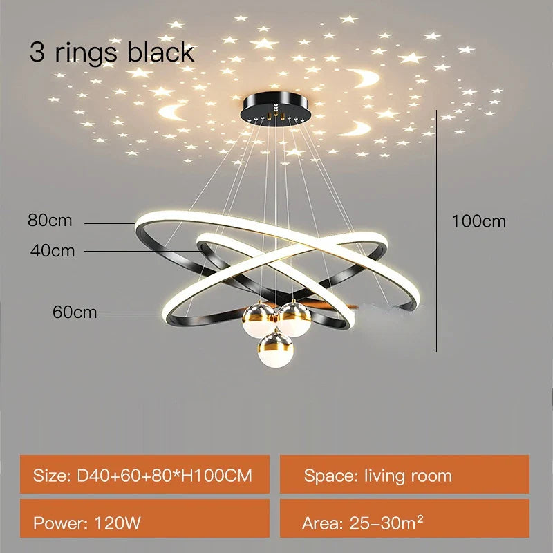 Axyaa Starry Sky Projection LED Chandelier in Black/Gold - Hanging Pendant Lights for Home