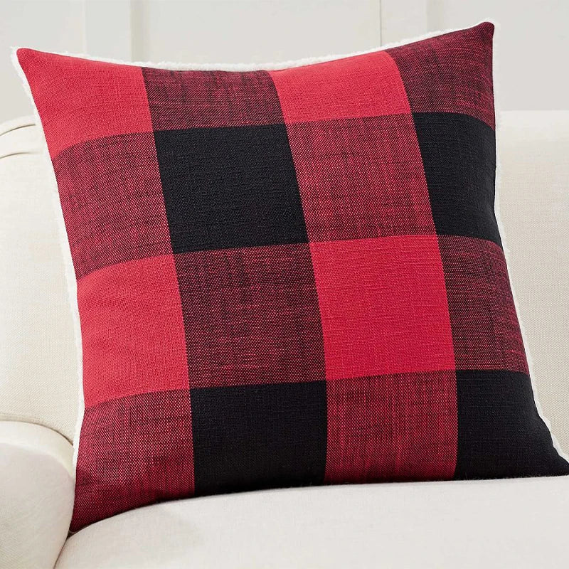 Axyaa Classic Retro Red/Black Plaid Teddy Pillow Cover 45x45cm