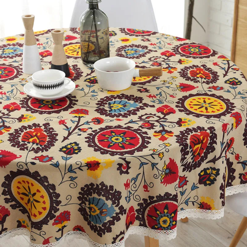 Axya™ Vintage Lace Sunflower Printed Cotton Tablecloth for Dining, Kitchen, Banquet, Hotel Decor