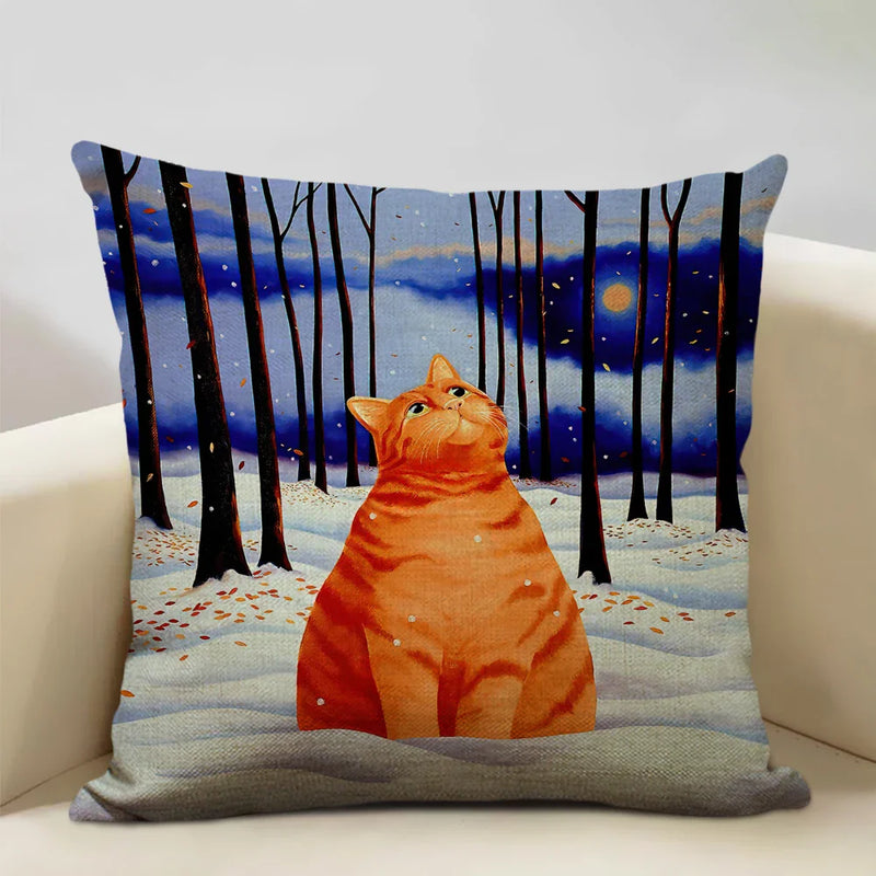 Axyaa Cat and Dog Pattern Cushion Cover 45x45cm Linen Square Pillowcase
