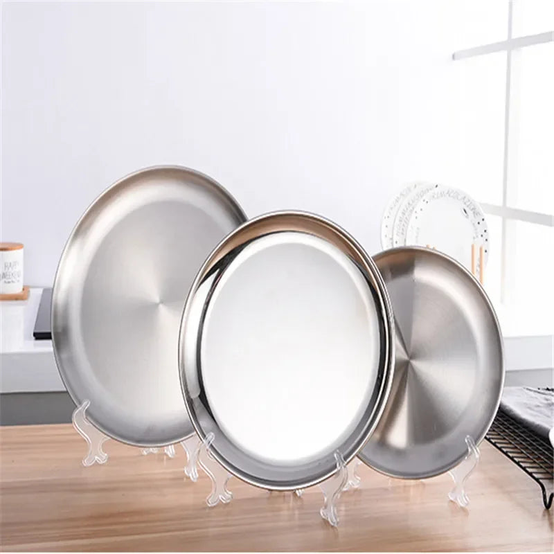 Axya Stainless Steel Round Steak Plate Tray with Hairline Finish Mirror Steak Tray BBQ Tableware