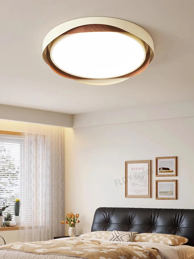 Axyaa Walnut Ceiling Lights: Retro Wood Grain LED Lamp for Bedroom Study Room