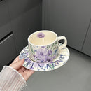 Axyaa Ceramic Latte Cups Set with Floral Pattern in Retro Glaze