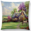 Axyaa Rustic Landscape Castle Lighthouse Oil Painting Cushion Cover