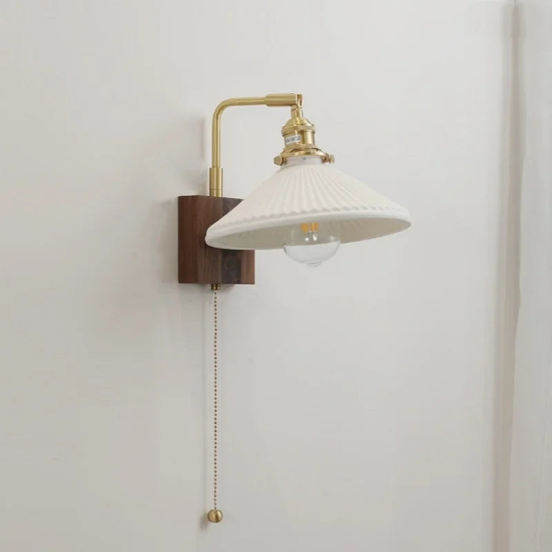 Axyaa Walnut Ceramic LED Wall Lamp with Pull Chain Switch