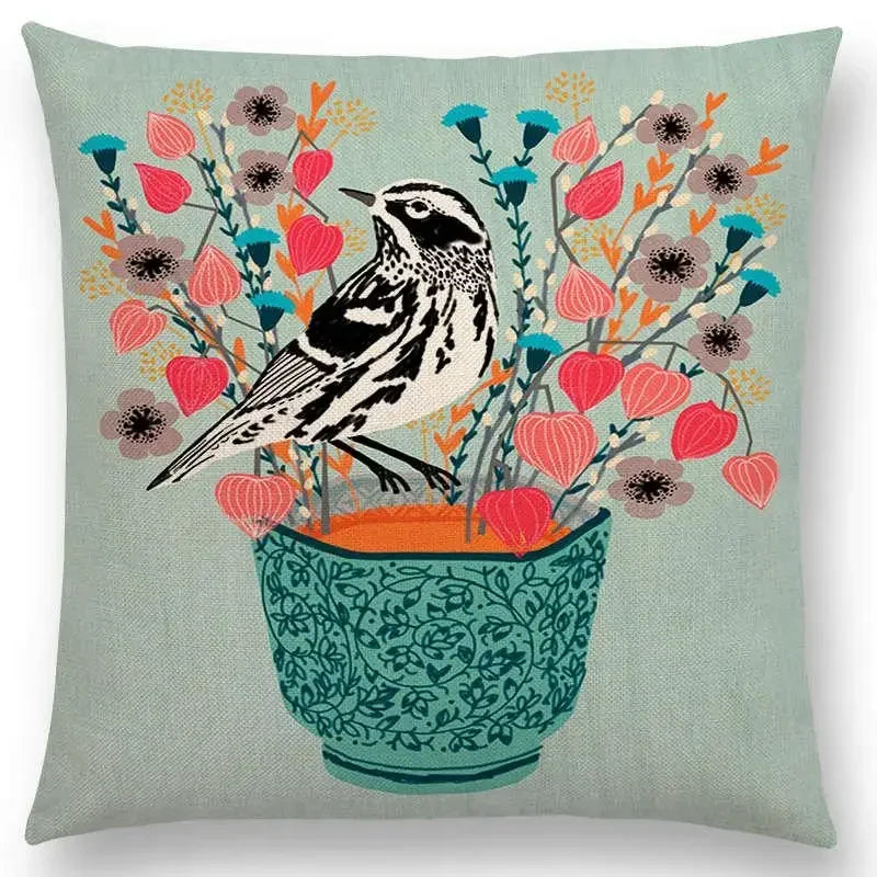 Axyaa Bird-Floral Teacup & Lepidoptera Cushion Cover for Decor & Sofa