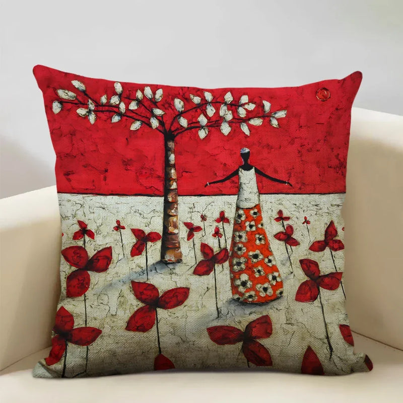 Axyaa African Oil Painting Art Pillow Case 45x45cm Linen Cushion Cover