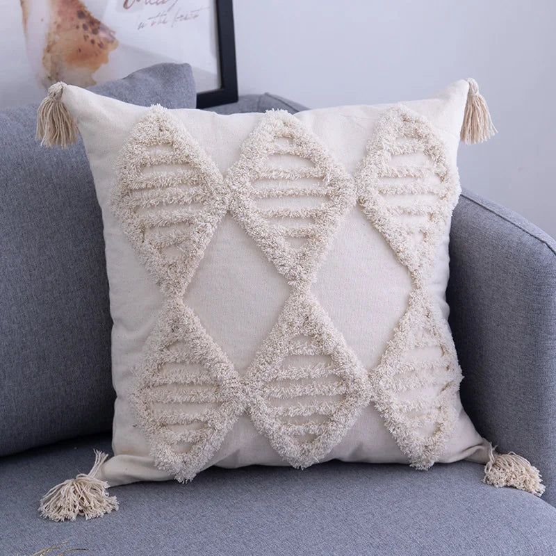 Axyaa Beige Boho Tufted Geometric Cushion Cover for Chic Home Decor